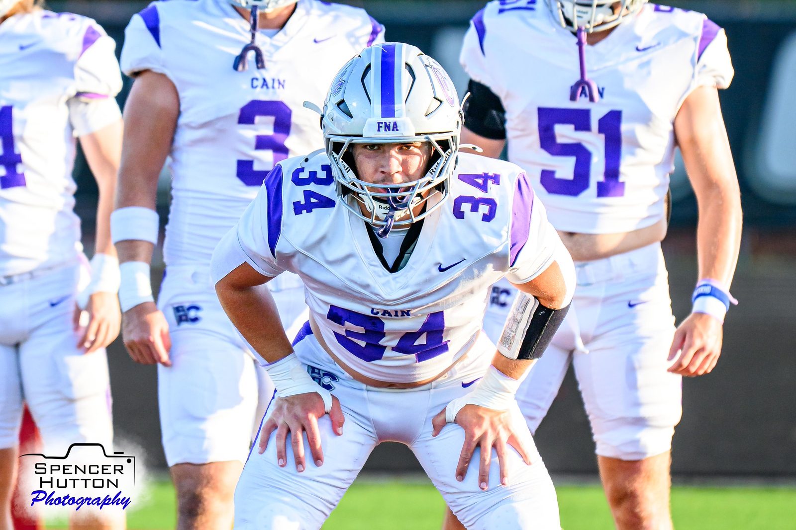 Senior linebacker Gage Hansberger digs in before the snap