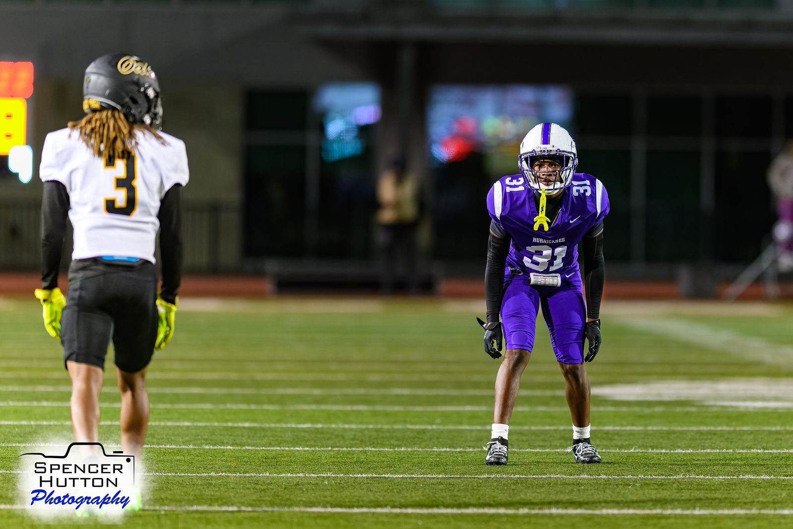 Colby Braxton lines up across from Klein Oak's Detrick Davis