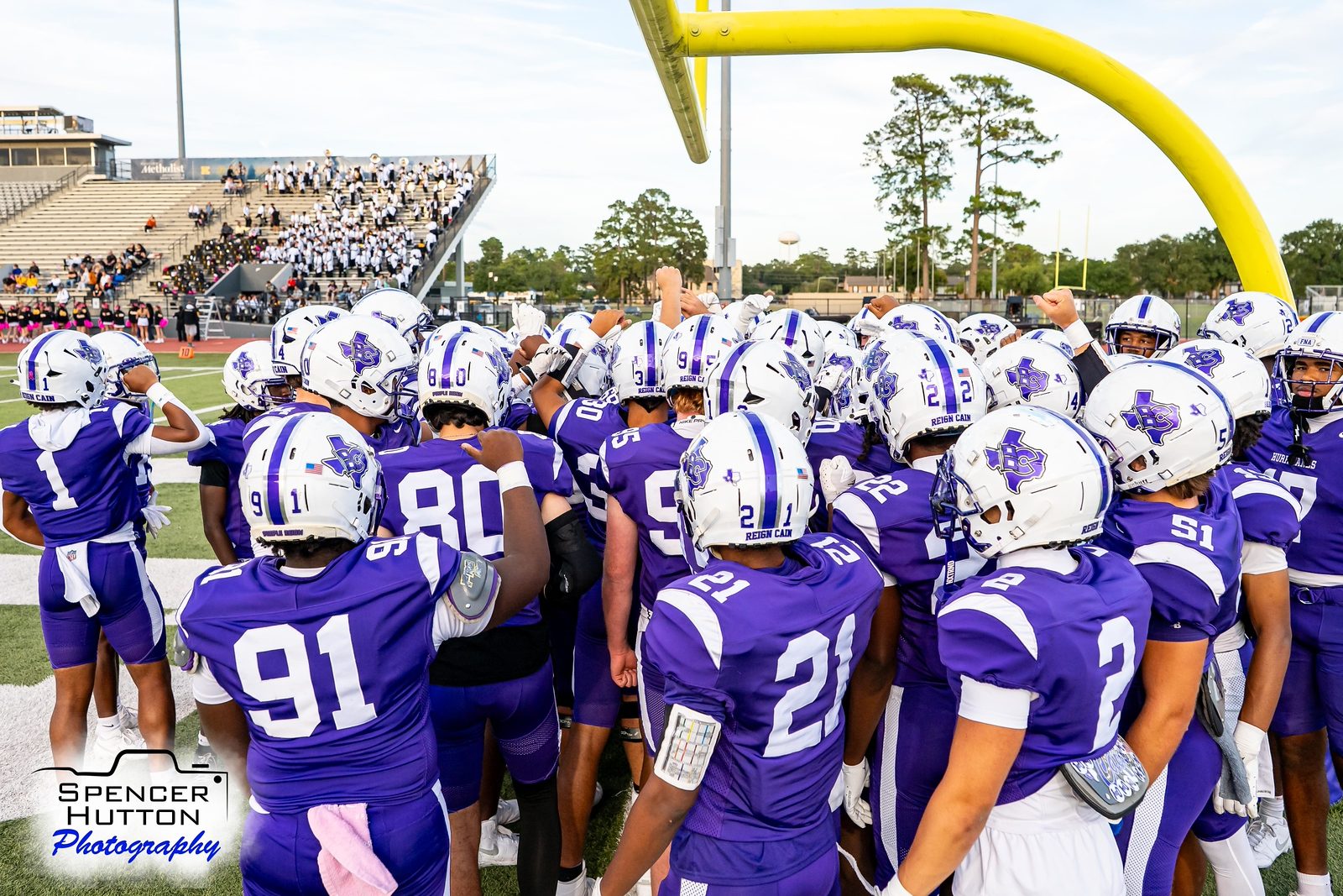 The Hurricanes gather under the goalpost before kickoff on Senior Night